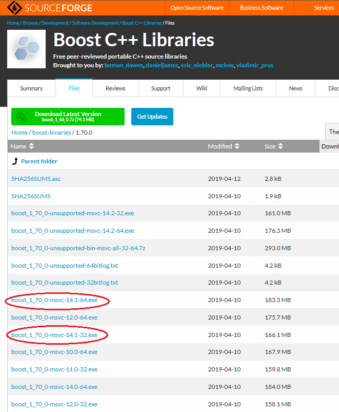 Boost Binary Fileのダウンロードページ